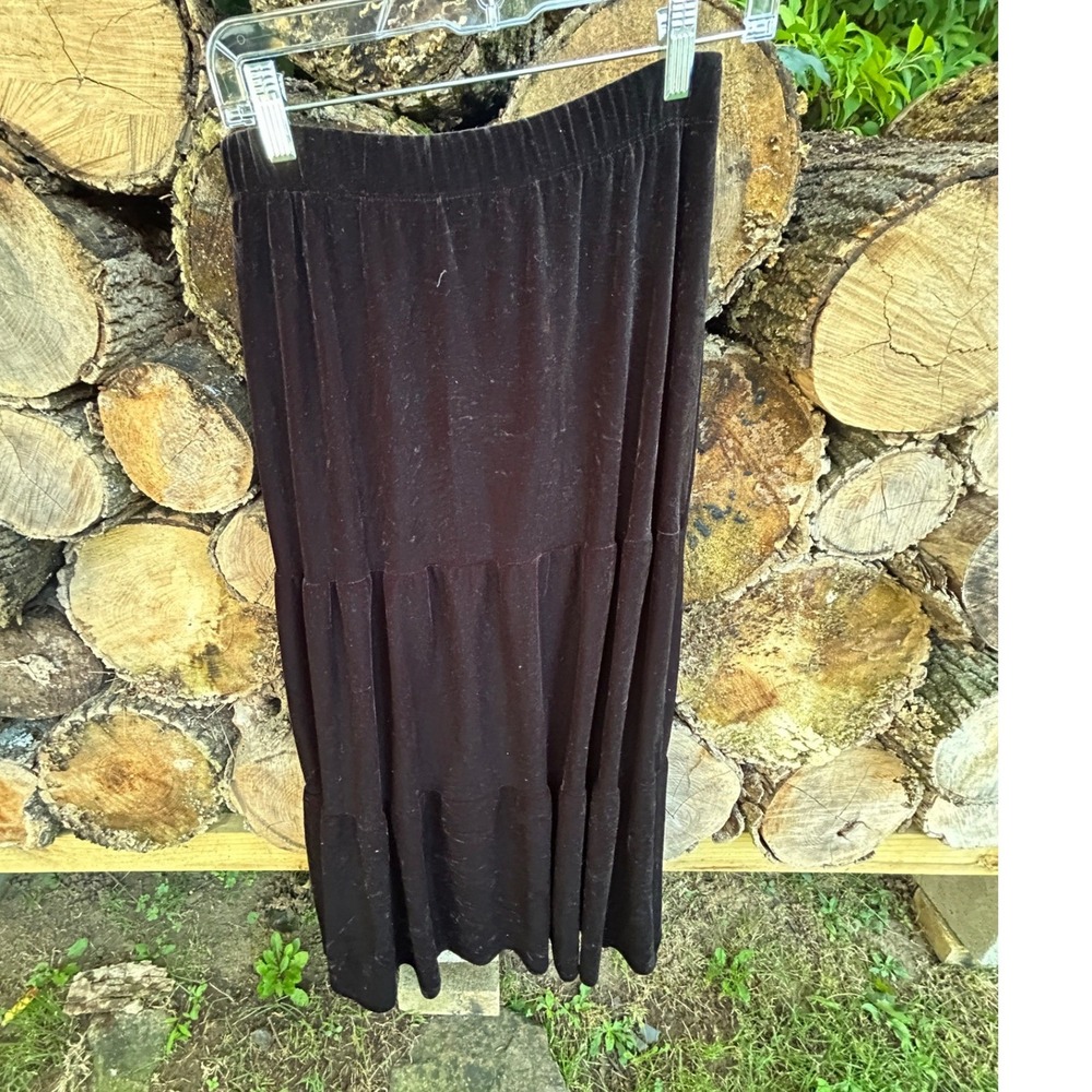 Chico's Black Velvet Tiered Maxi Skirt Vintage 90s Boho Y2K Whimsigoth Size 1